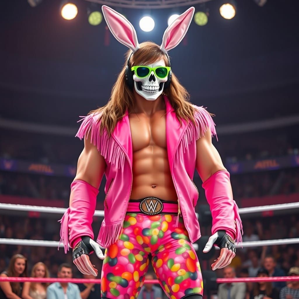 A wrestler in a wrestling ring he has jelly bean pattern on ...