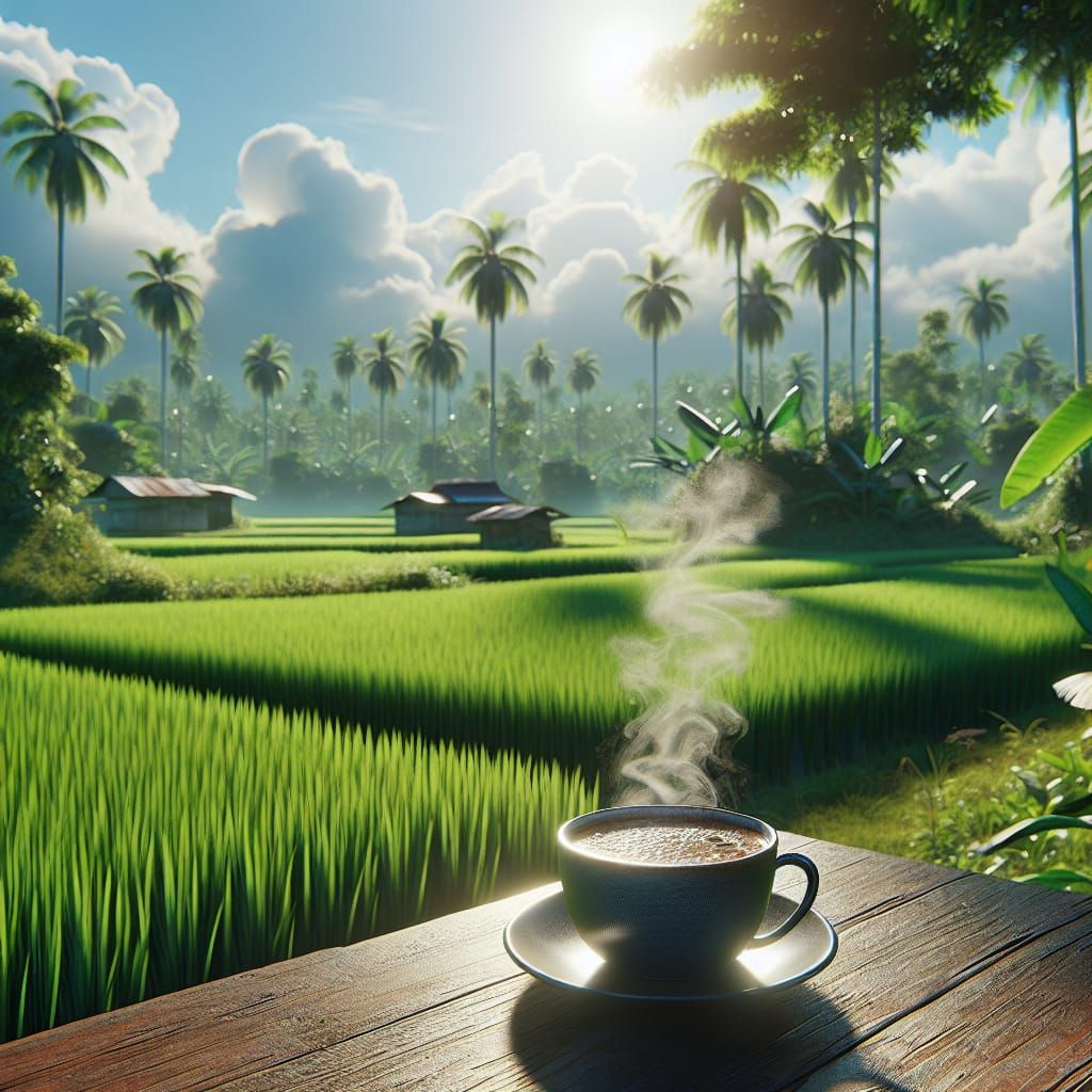 Steaming Coffee Cup Over Rice Fields in Matte Painting Style
