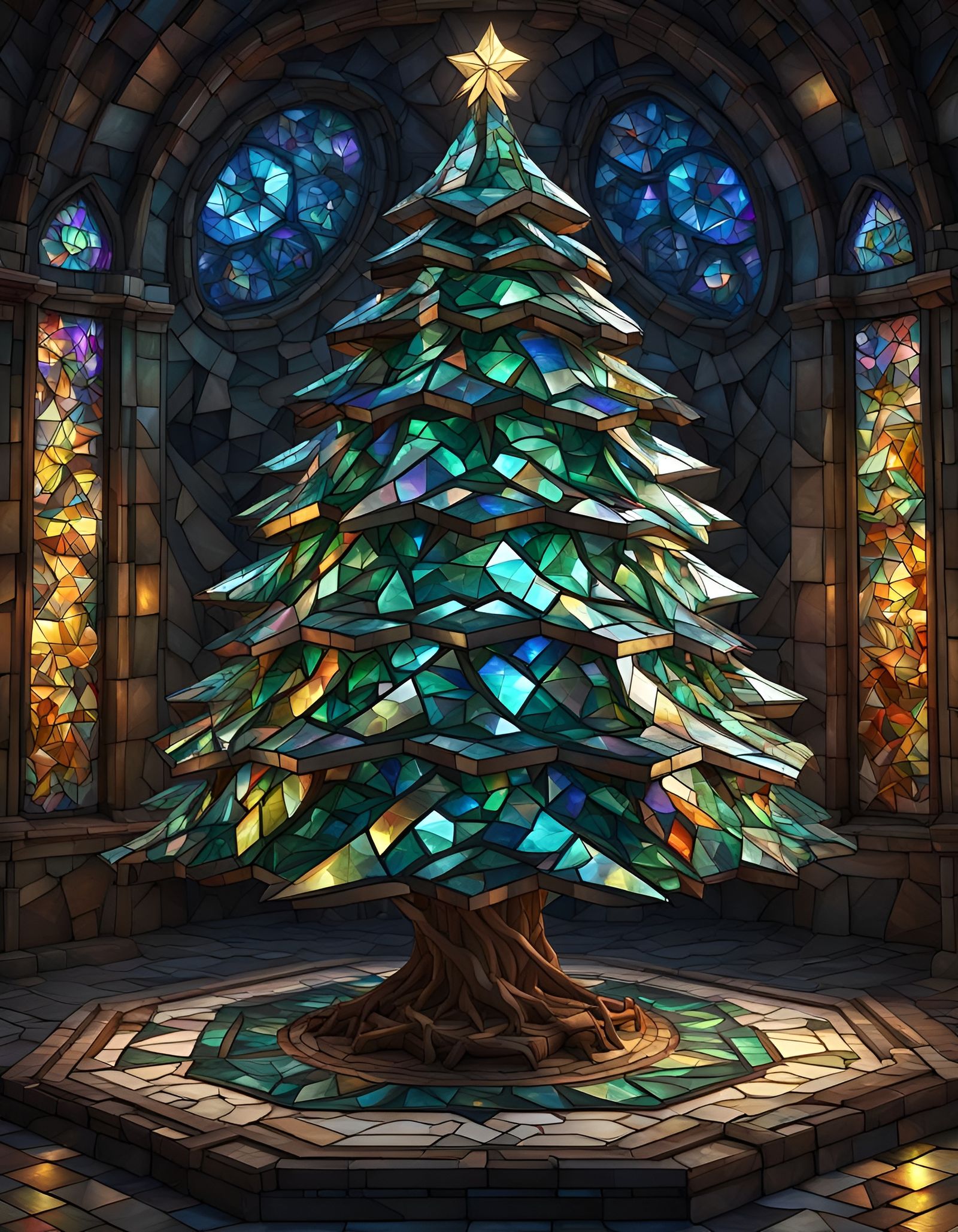 Soto-Style Stained Glass Christmas Tree in 8k