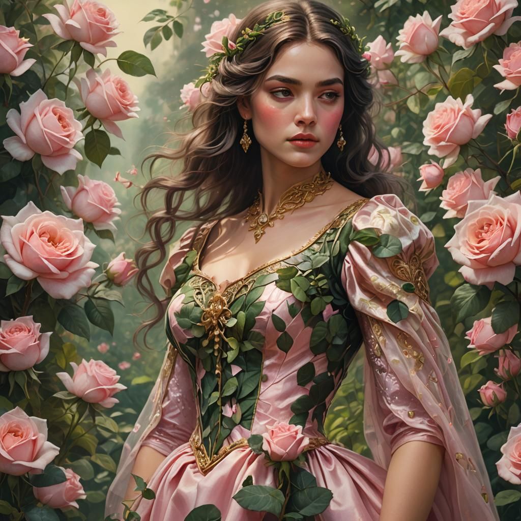 Lady in Rose Dress Amidst Lush Greenery