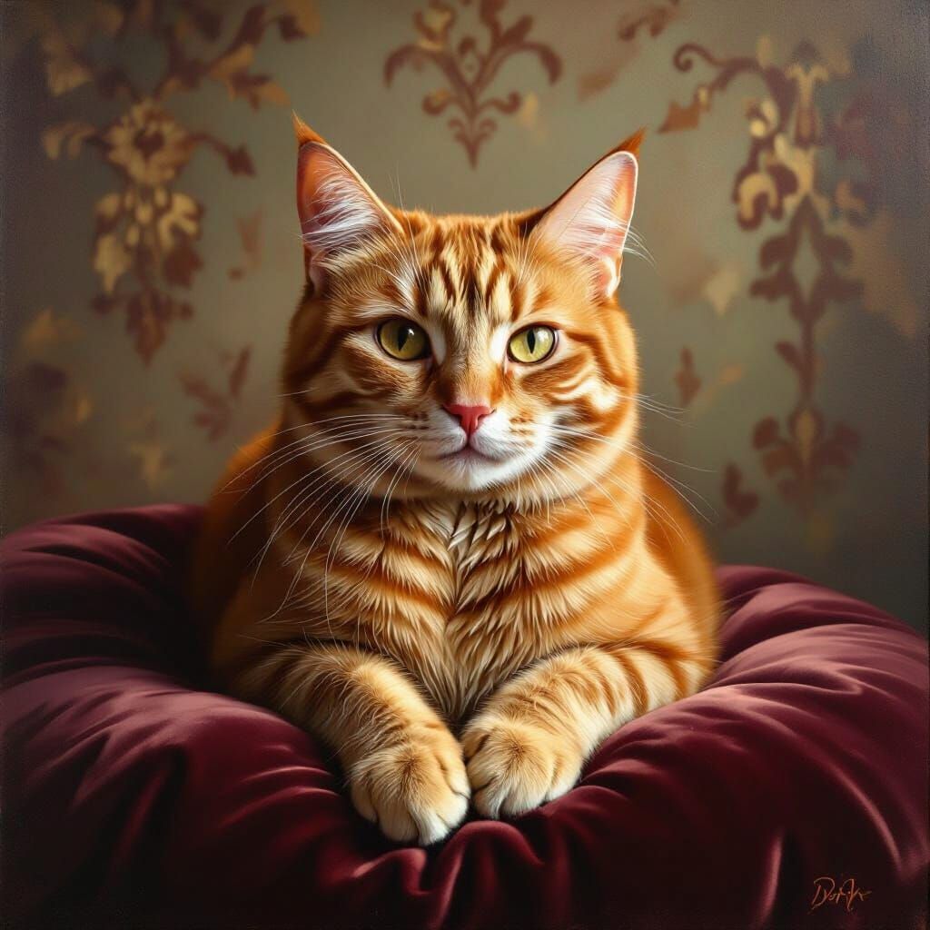 Ginger Cat with Heart Marking on Velvet Cushion