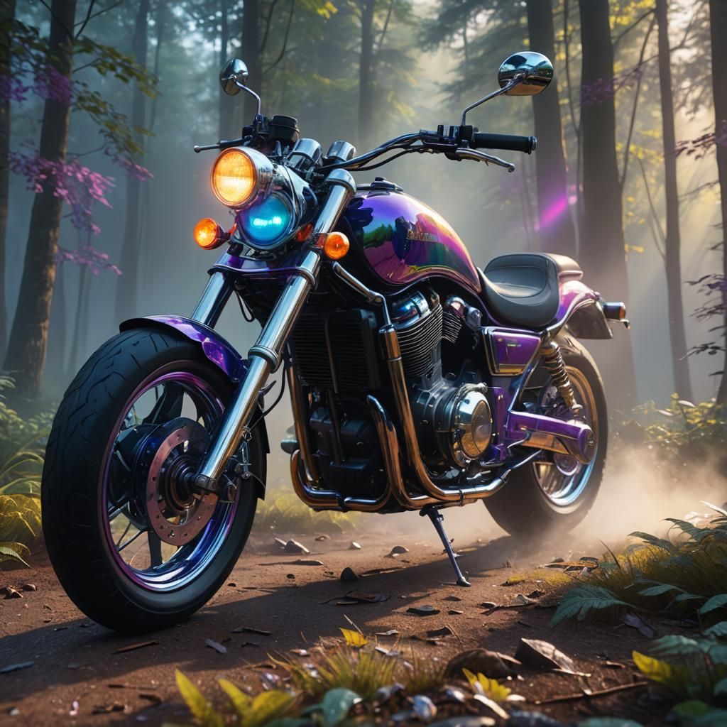Chrome Motorcycle with Rainbow Wheels in Dreamlike Forest