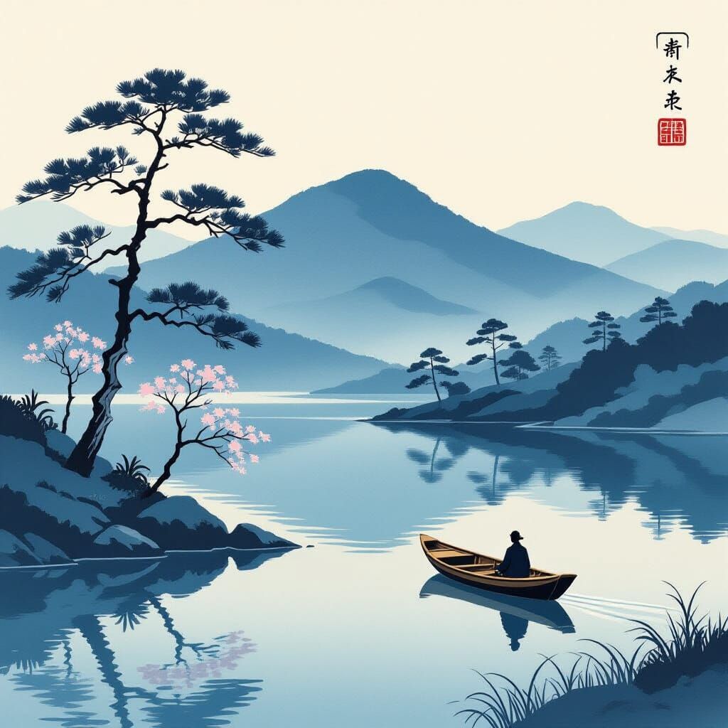 Monochrome Indigo Landscape Inspired by Japanese Prints