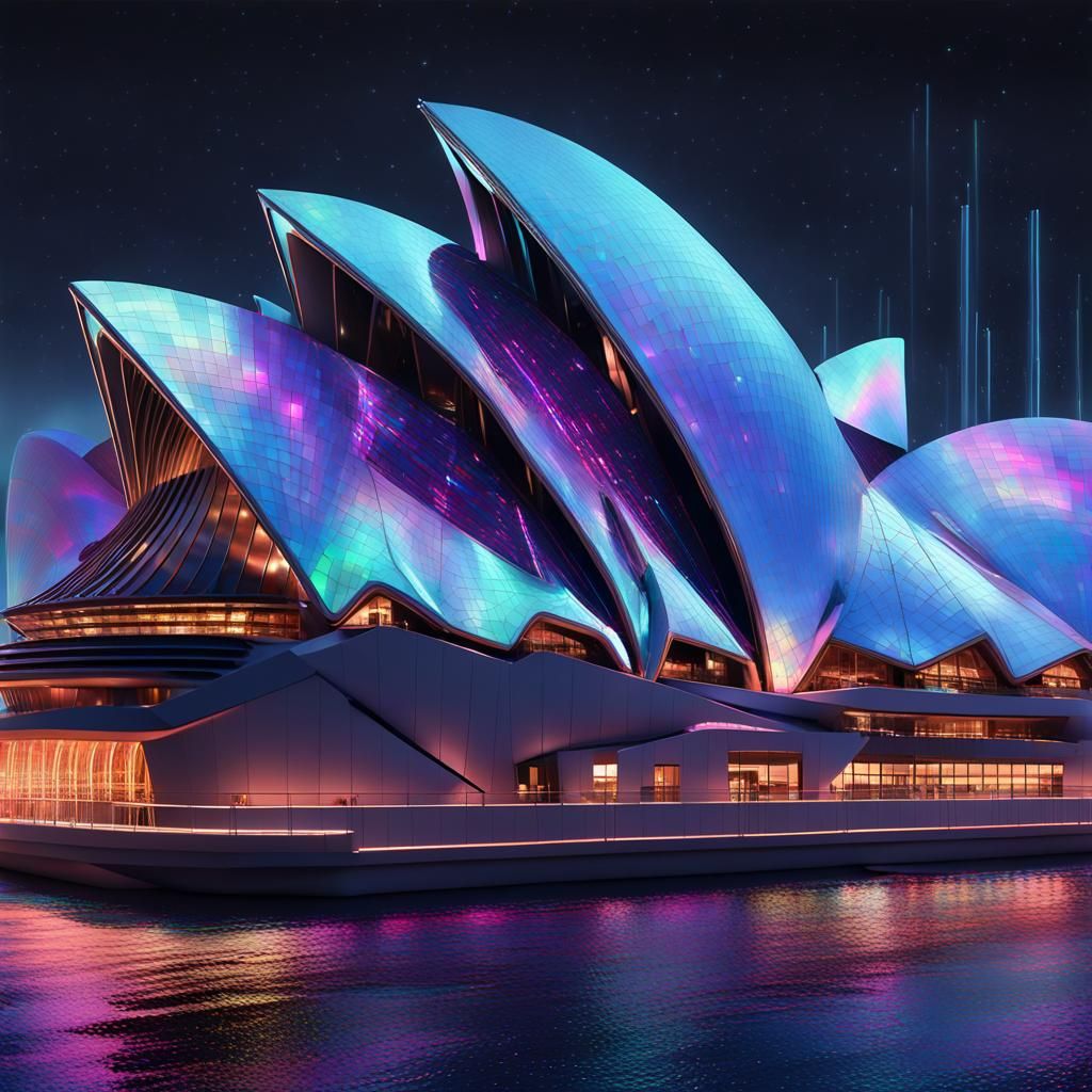 Futuristic Sydney Opera House with Holographic Displays