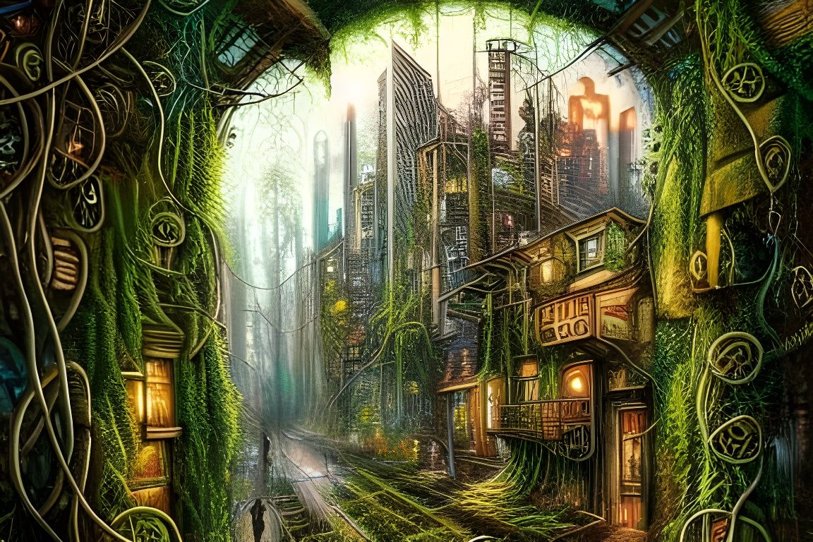Grayscale Cyberpunk City Overgrown with Nature