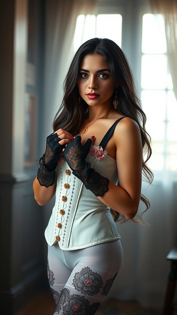 Woman in Corset with Lace Gloves, Photorealistic Style