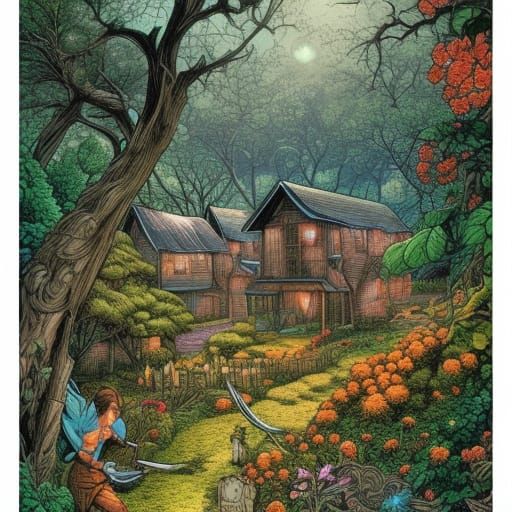 Blooming Village Garden: Comic Book Art