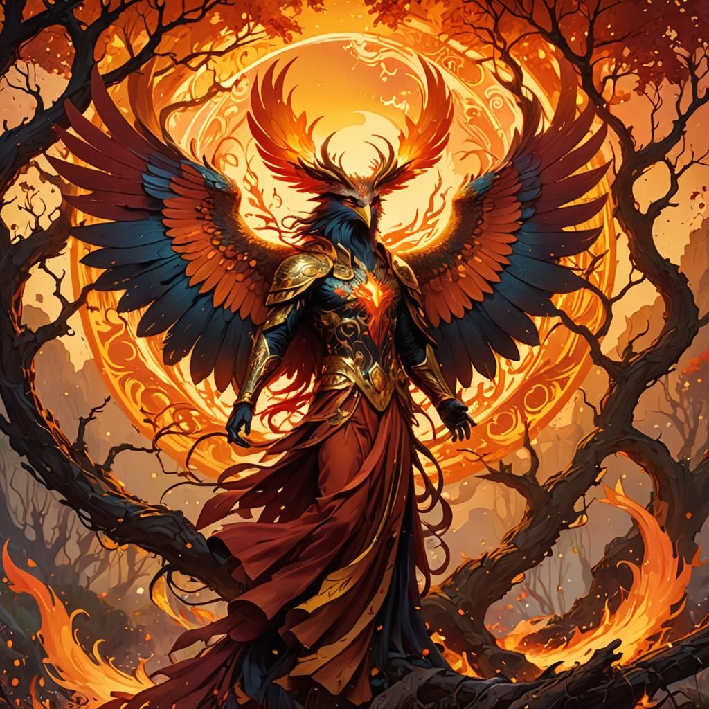Phoenix Reborn in Mystical Landscape: Art Nouveau Style