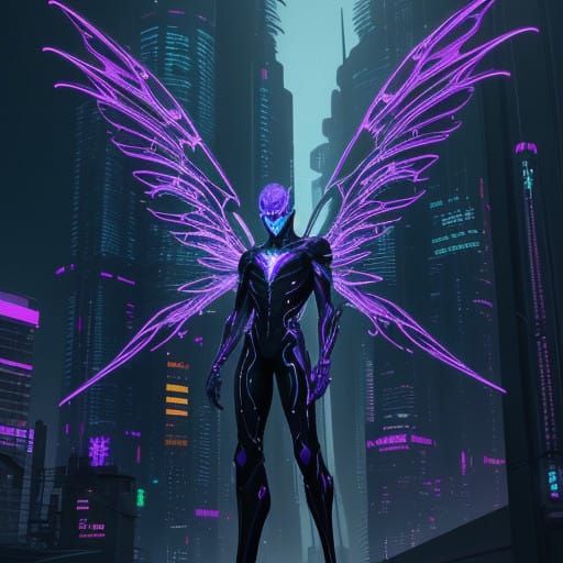 Cyberpunk Fairy in Neon Cityscape