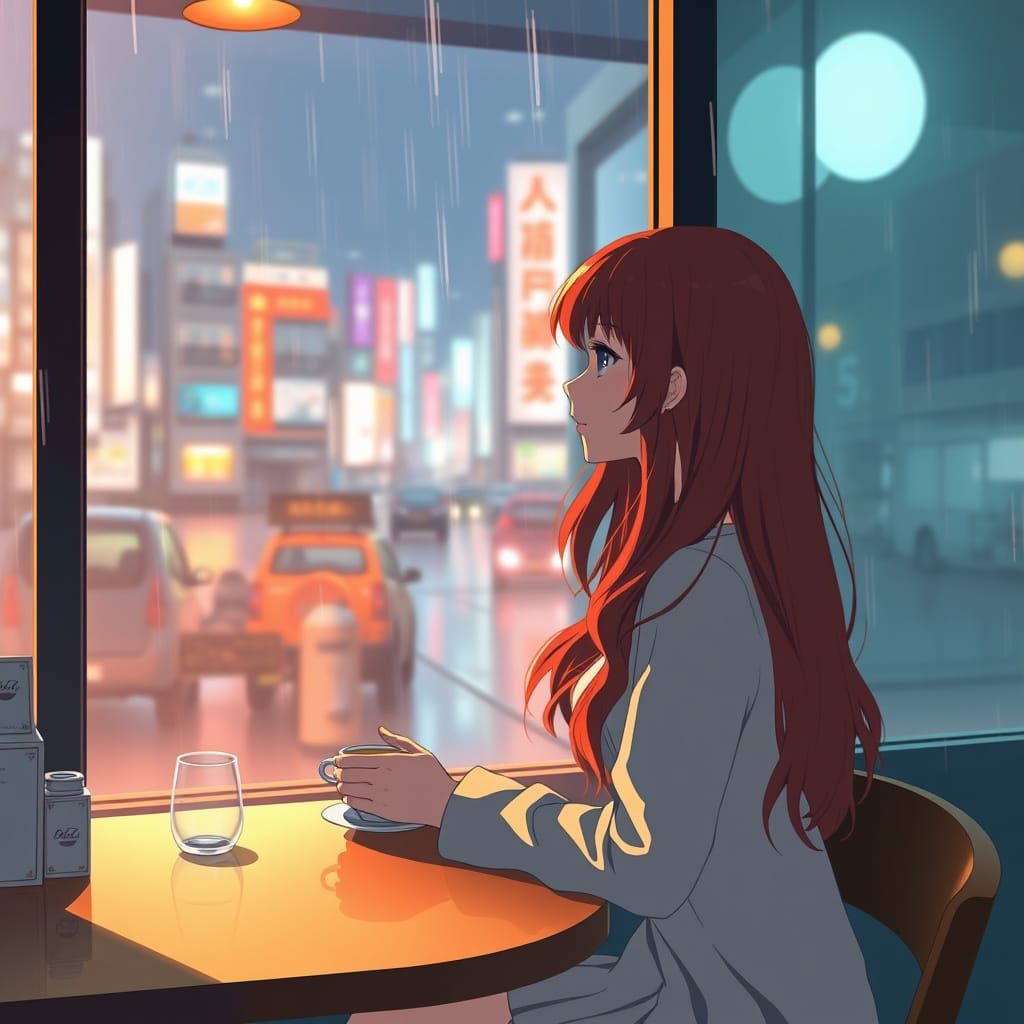 Serene Japanese Woman Sips Tea in Rainy Shibuya Cityscape