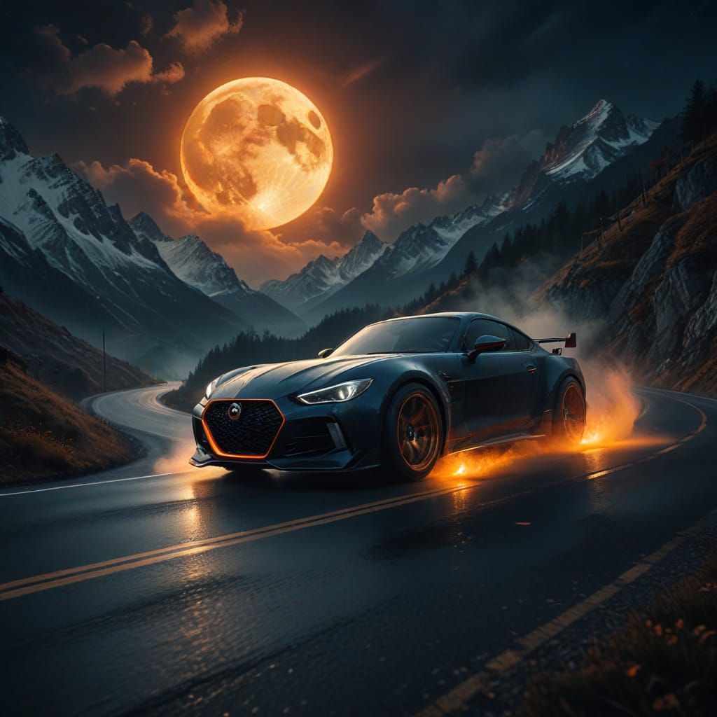 Demonic Car Speeds Under Orange Moonlit Alps