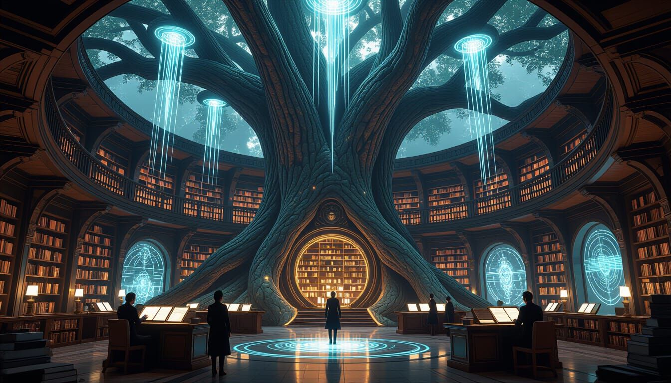 Futuristic Tree Library with Glowing Energy Streams