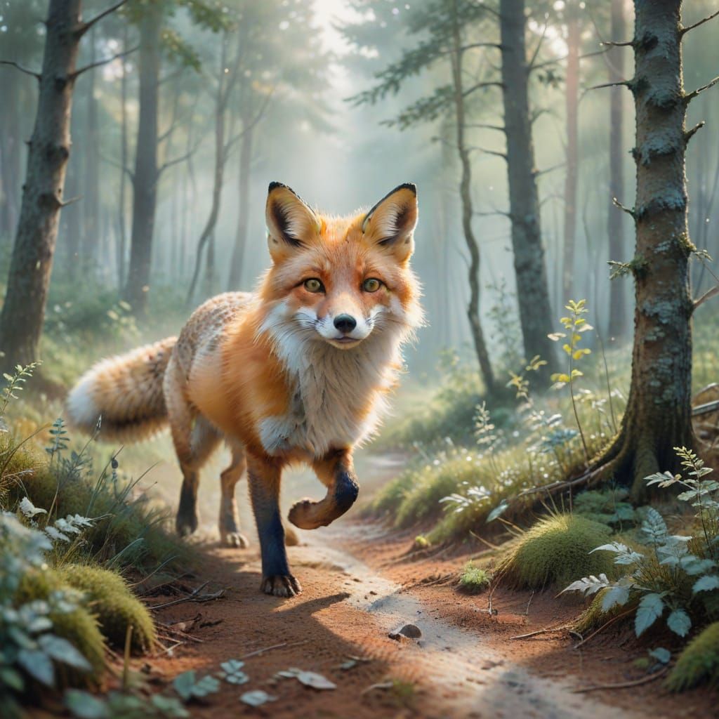 Fox Runs in Misty Forest: Watercolor Painting