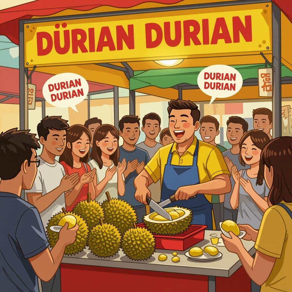 Lively Durian Stand Scene in Illustration Style