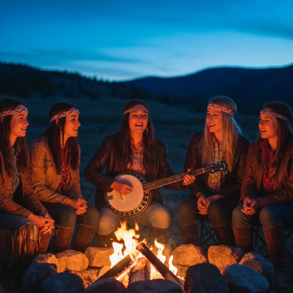 Native Cowgirls Ride Horses Through Mountain Landscape