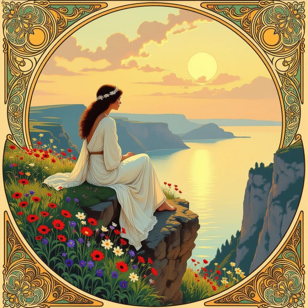 Serene Landscape: Woman in Art Nouveau Style