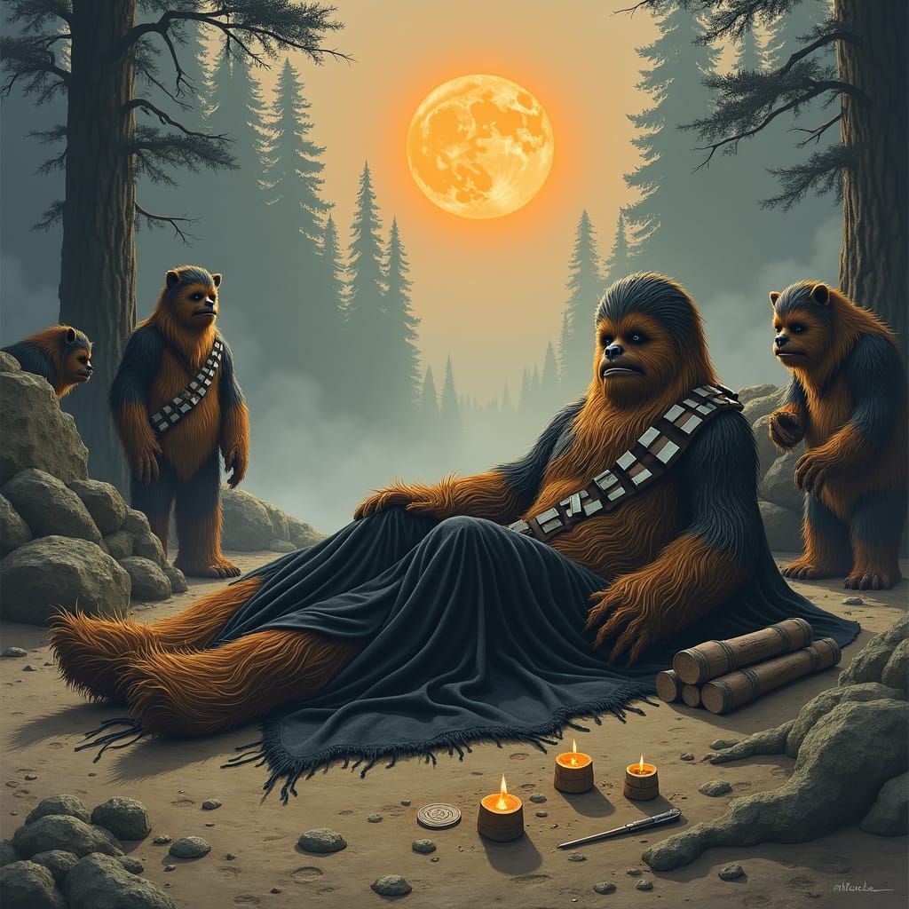 Wookiee Memorial on Forest Moon in Mixed-Media Style