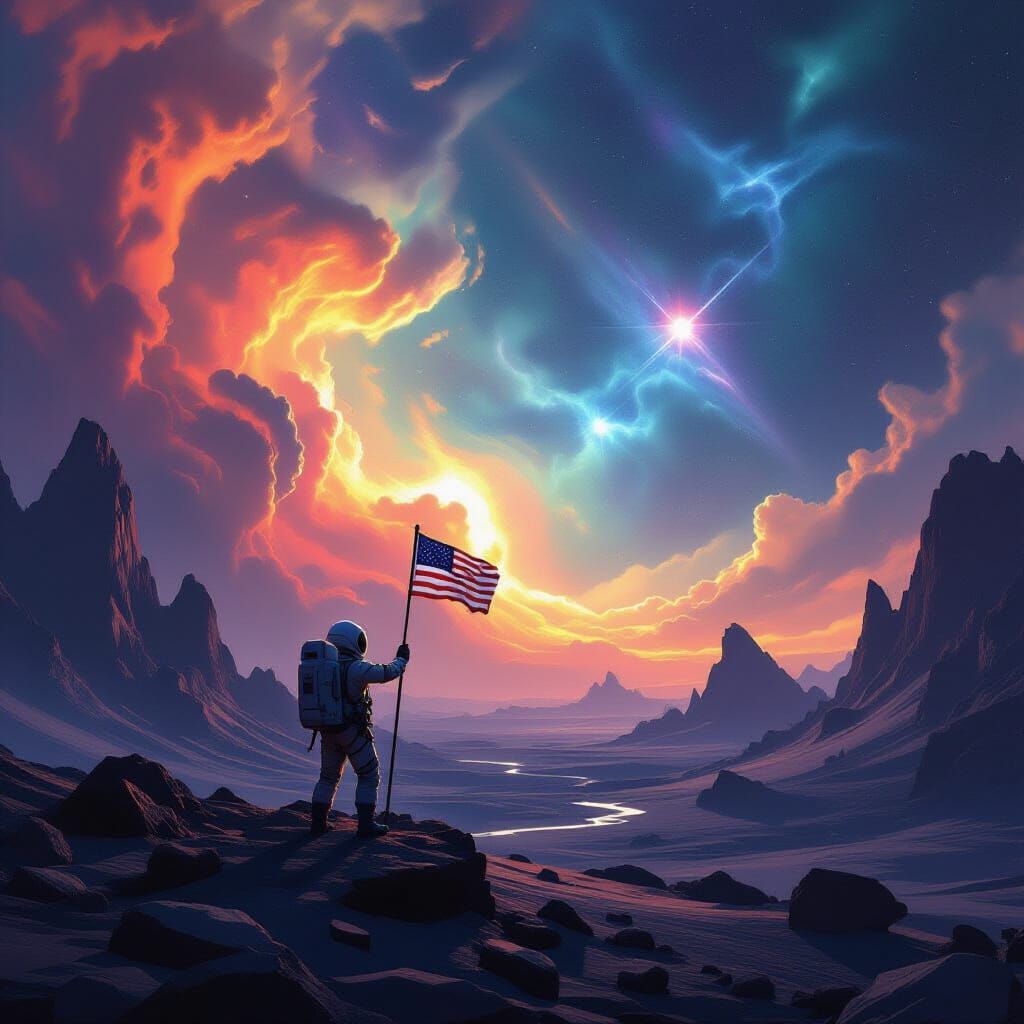 Astronaut Plants Flag on Alien Planet in Nebula