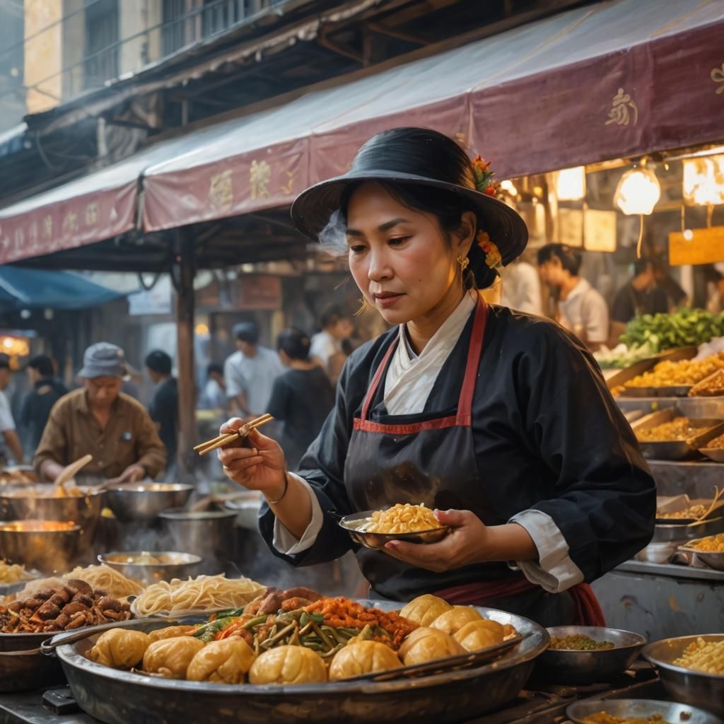 Thai Woman Serving Street Food as Oil Painting