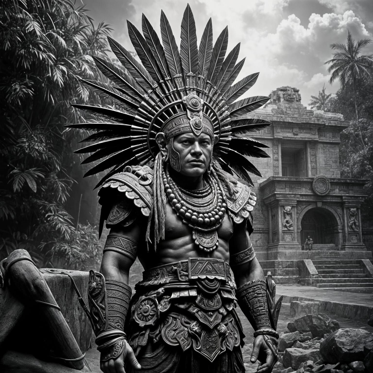 Black and White Mayan Warrior Illustration