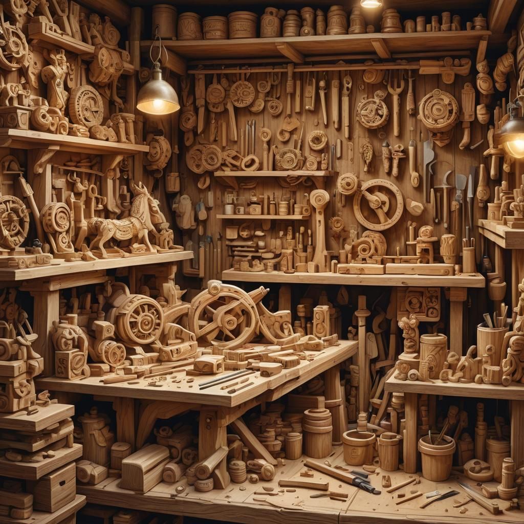 Intricate Wood Carvings in Cozy Workshop: Digital Painting