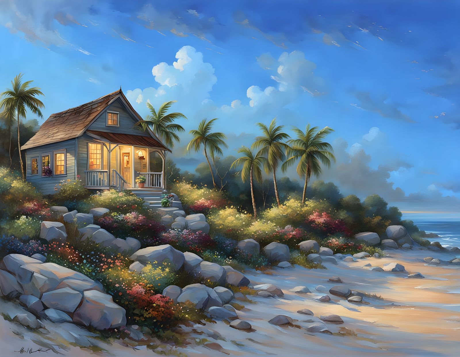 Charming Beach Cottage in Whimsical Watercolor Style