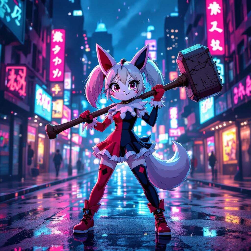 Sylveon as Harley Quinn in Neon Cityscape