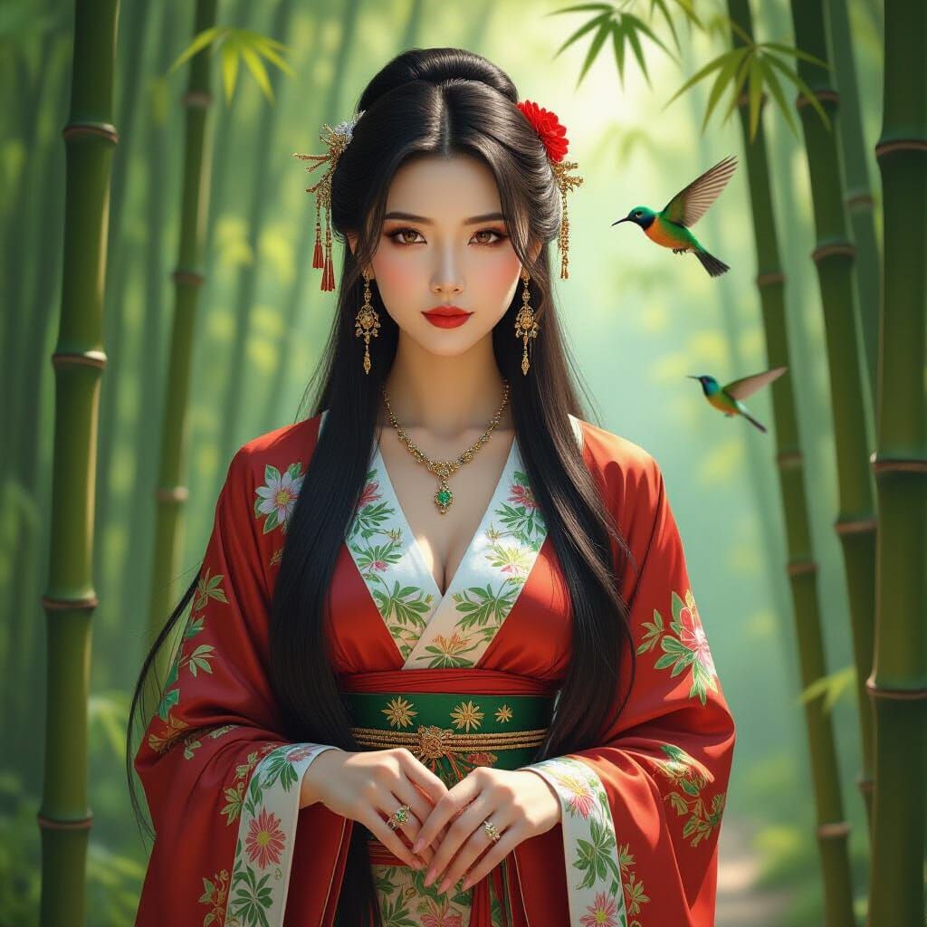 Chinese Woman in Bamboo Forest: Hyperrealistic Digital Art