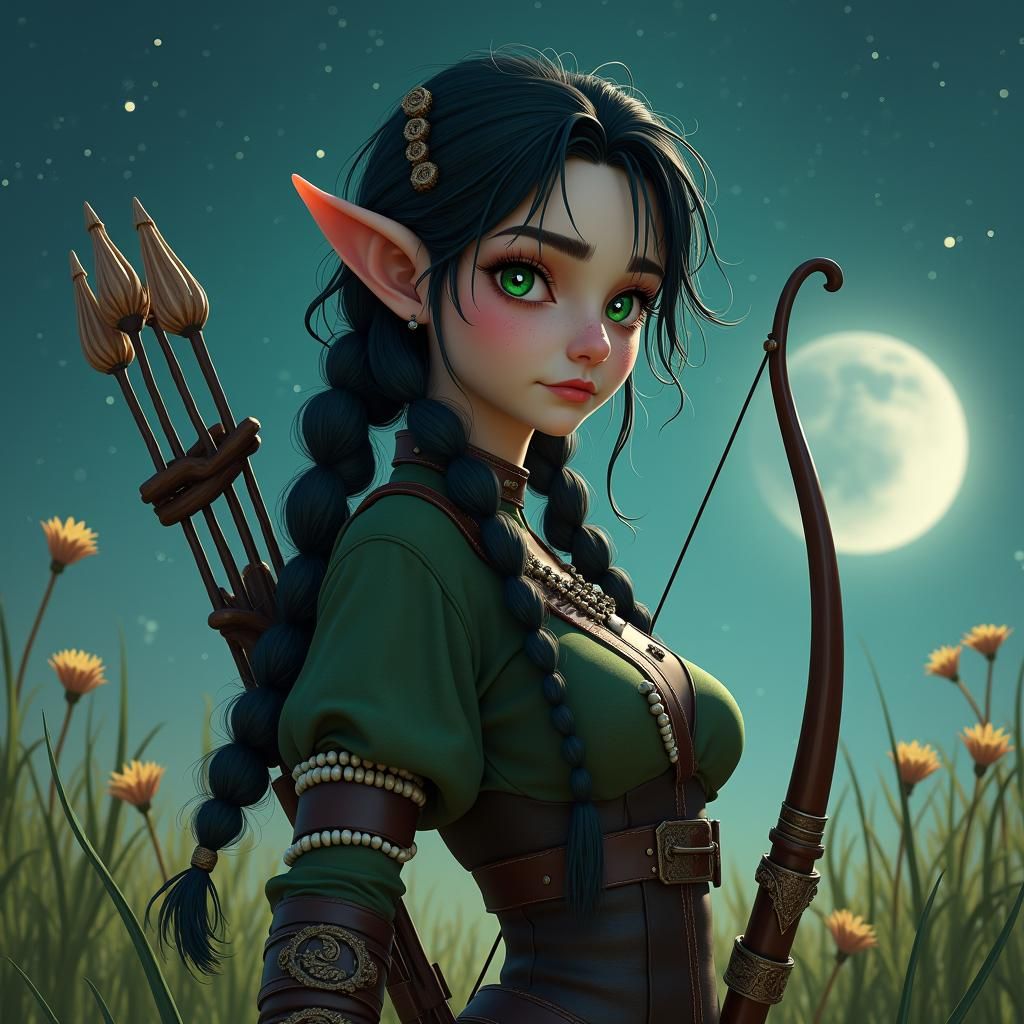 Whimsical Elven Huntress in Starry Meadow, Digital Art