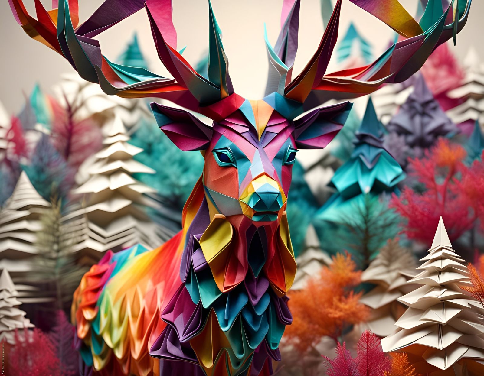Colorful Origami Deer in Breathtaking Forest