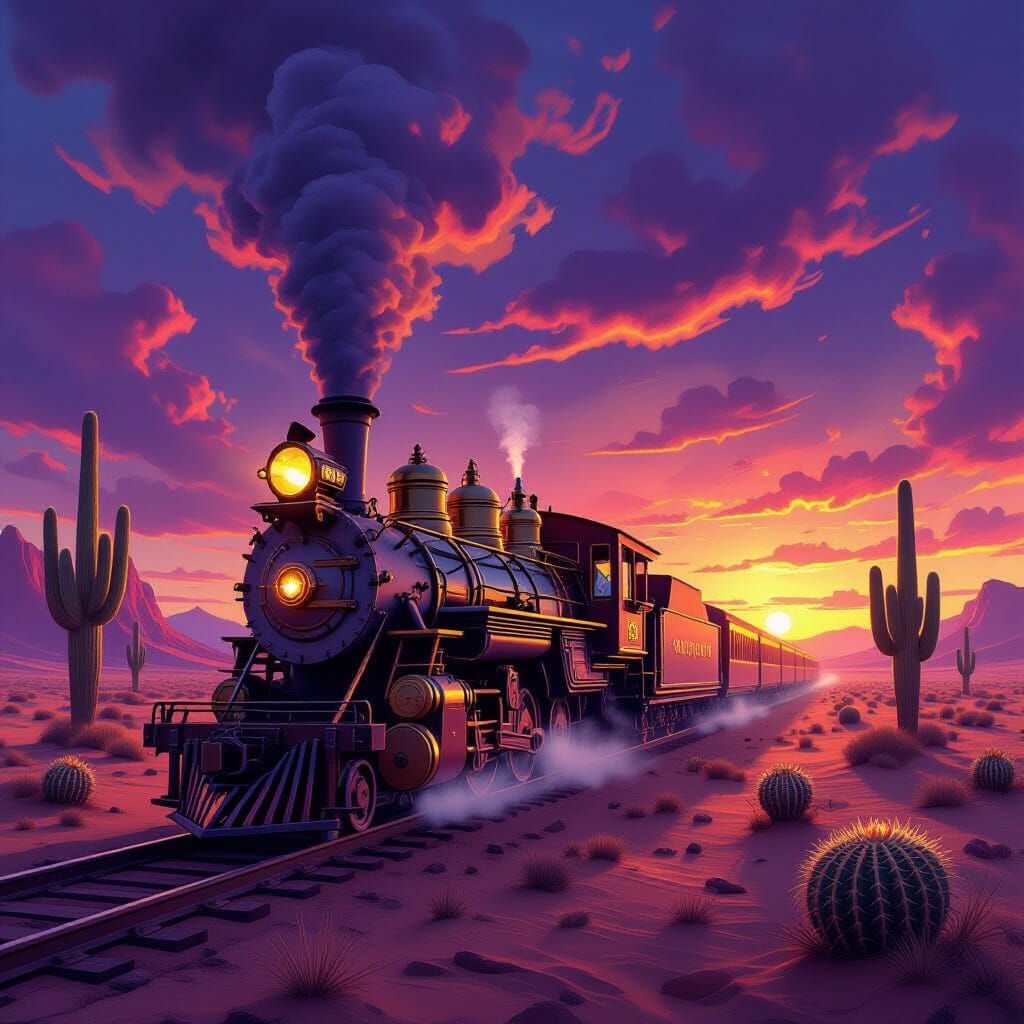 Steampunk Train on Alien Desert Under Binary Sunset