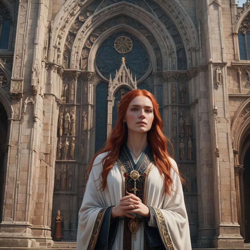 Red-Haired Priestess Outside Cathedral in Fantasy Art