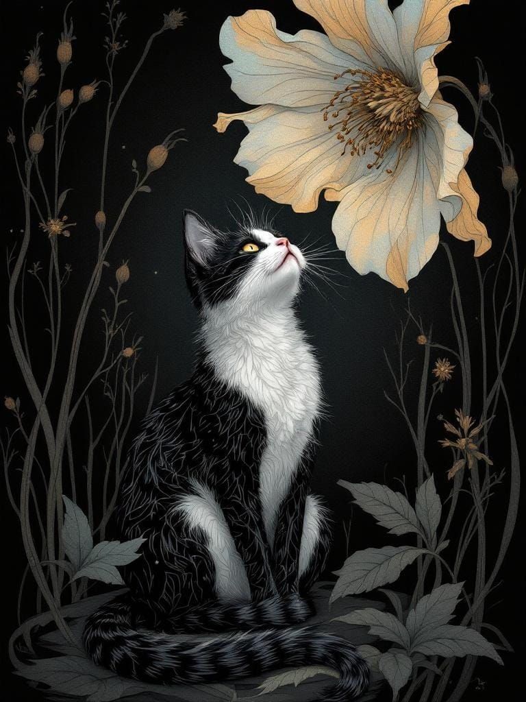 Cat Under Flower in Victorian Gothic Style