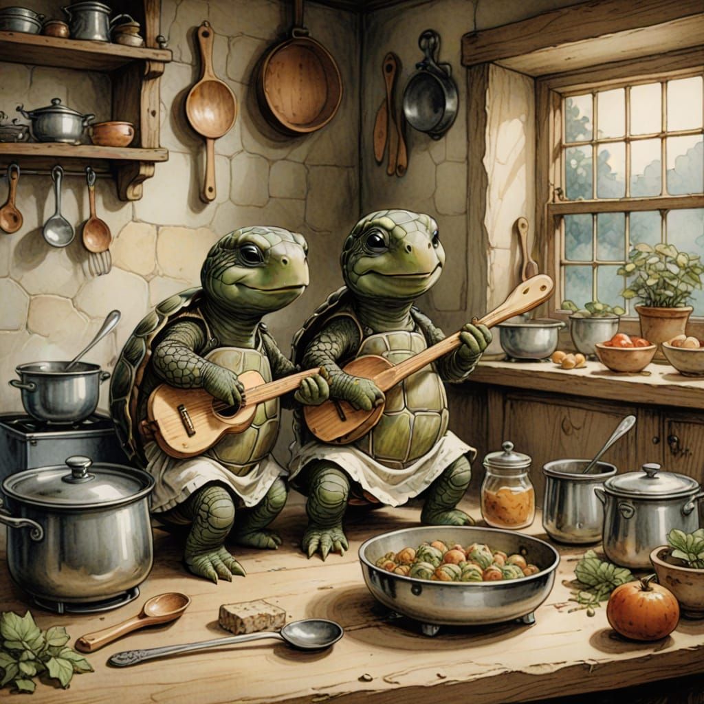 Turtle's Cozy Kitchen: An Arthur Rackham-Style Illustration