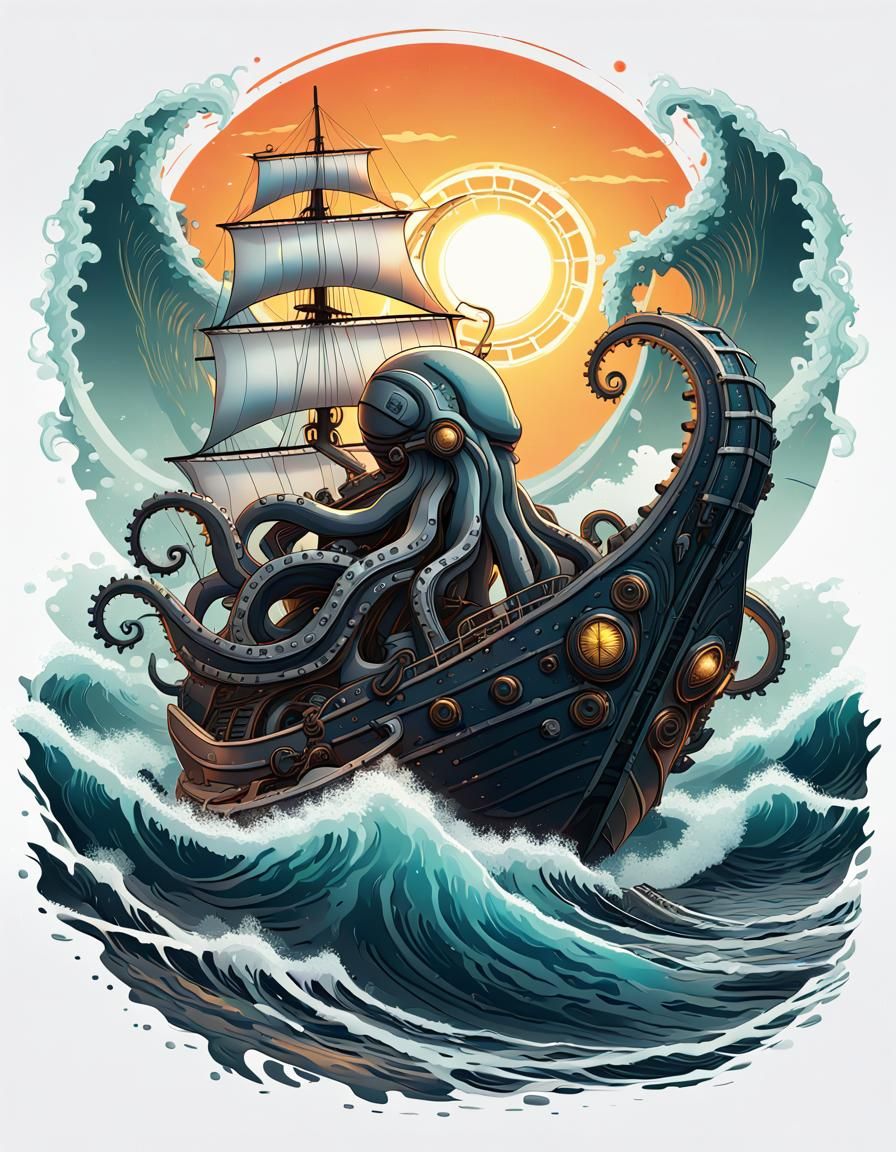 Kraken Attacks Boat: Vector Art T-Shirt Design