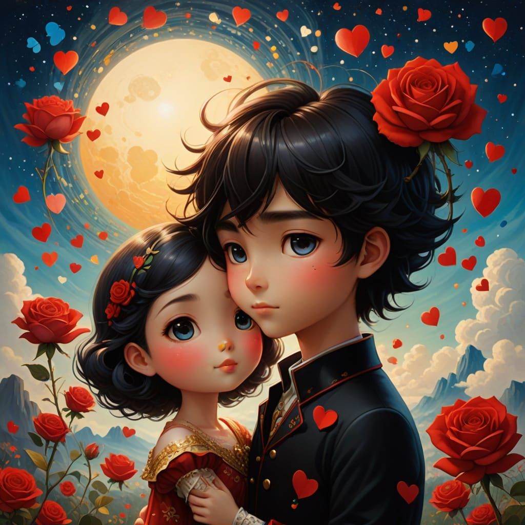 Chibi Couple Surrounded by Whimsical Hearts in a Sun-Kissed ...
