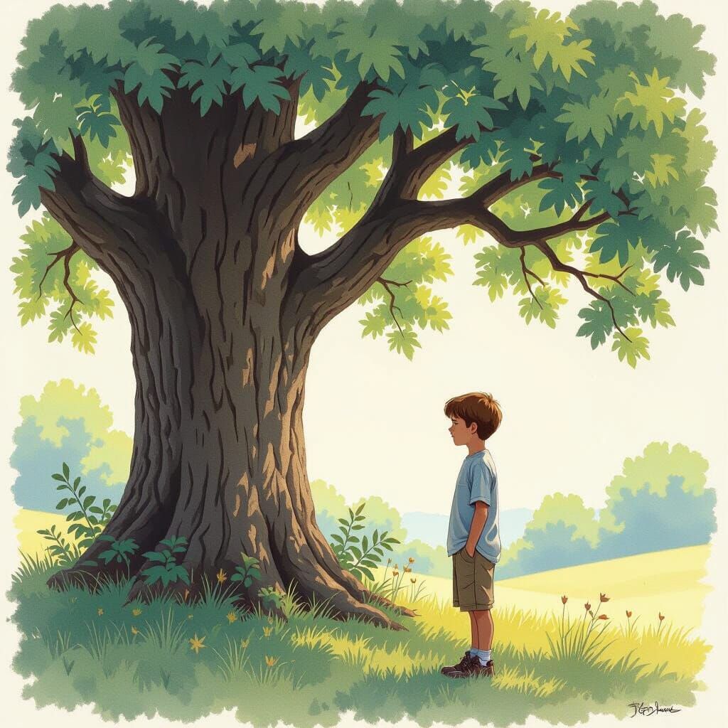 Boy Near Tree in Naturalistic Style