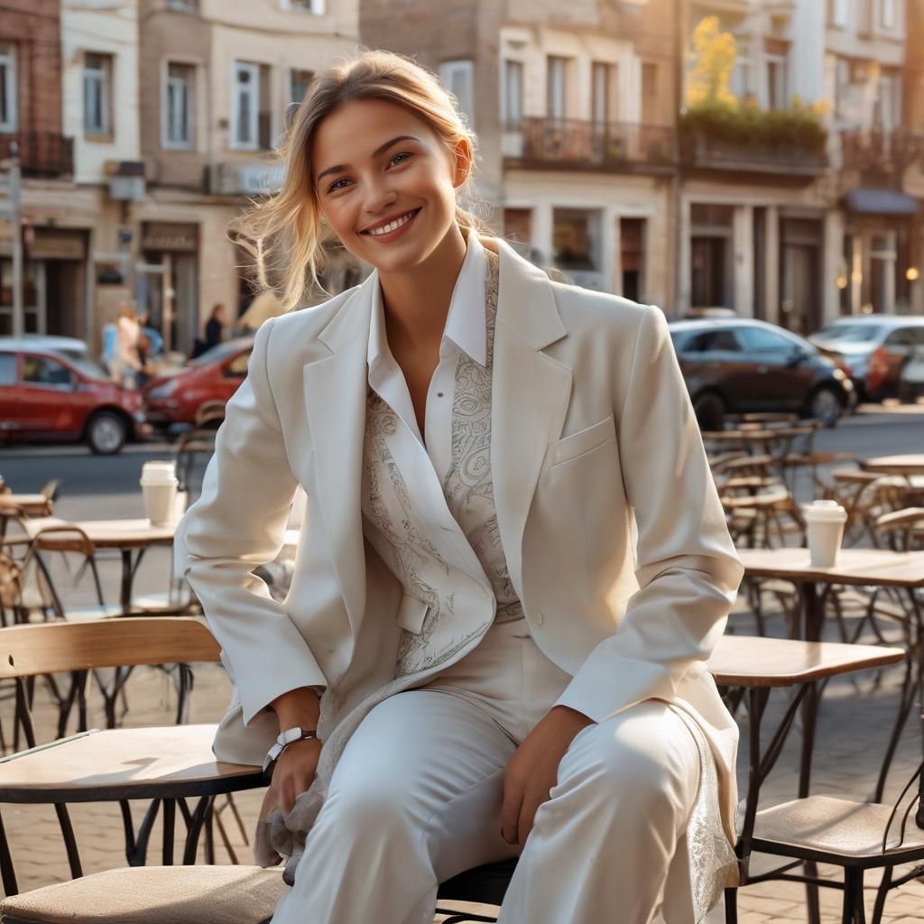 Beautiful Woman in White Suit at Cafe
