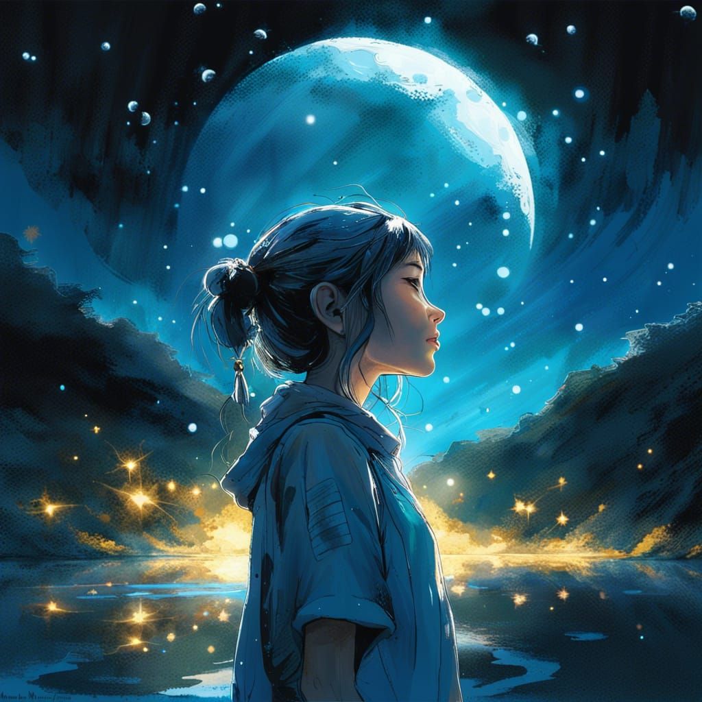Girl Gazing at Moon in Bioluminescent Valley