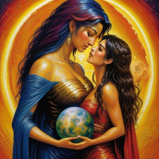 Gaia Holding Earth and Moon as Impasto Oil Painting