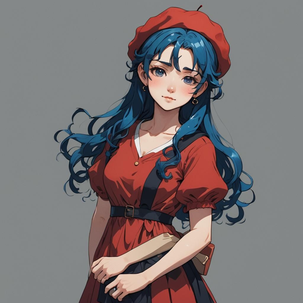 Anime Girl with Blue Hair in Red Dress