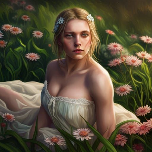 Blonde Girl in Flower Field, Realistic 8k Image
