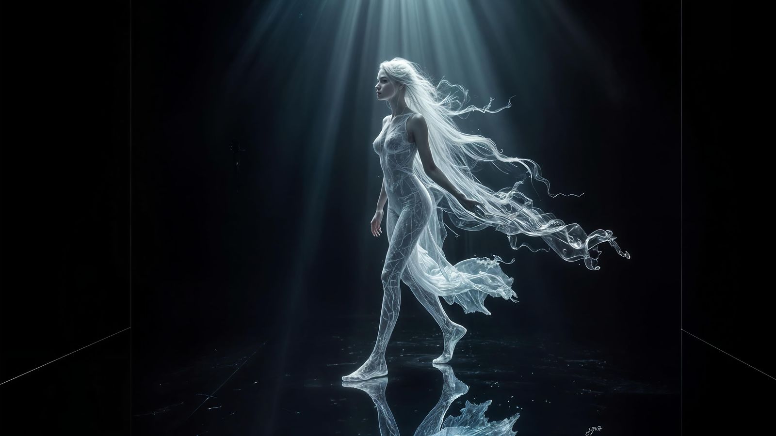 Ethereal Water Woman in Mirrored Room
