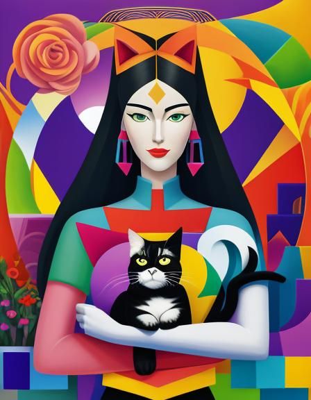 Cubist Portrait of Woman and Cat with Floral Border