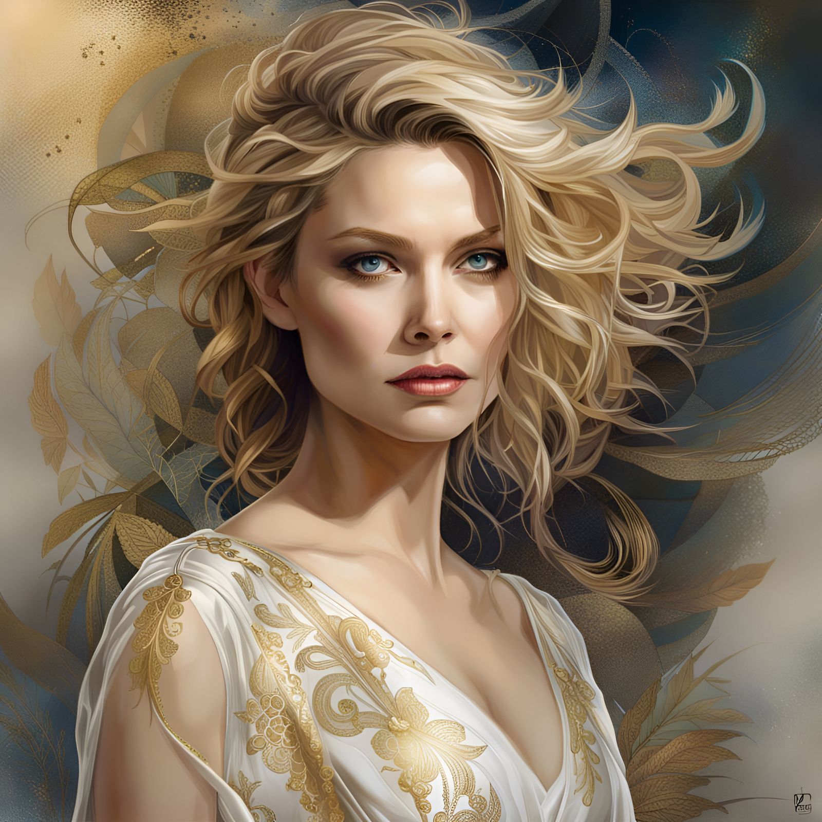 Michelle Pfeifer Portrait in White Gold Dress