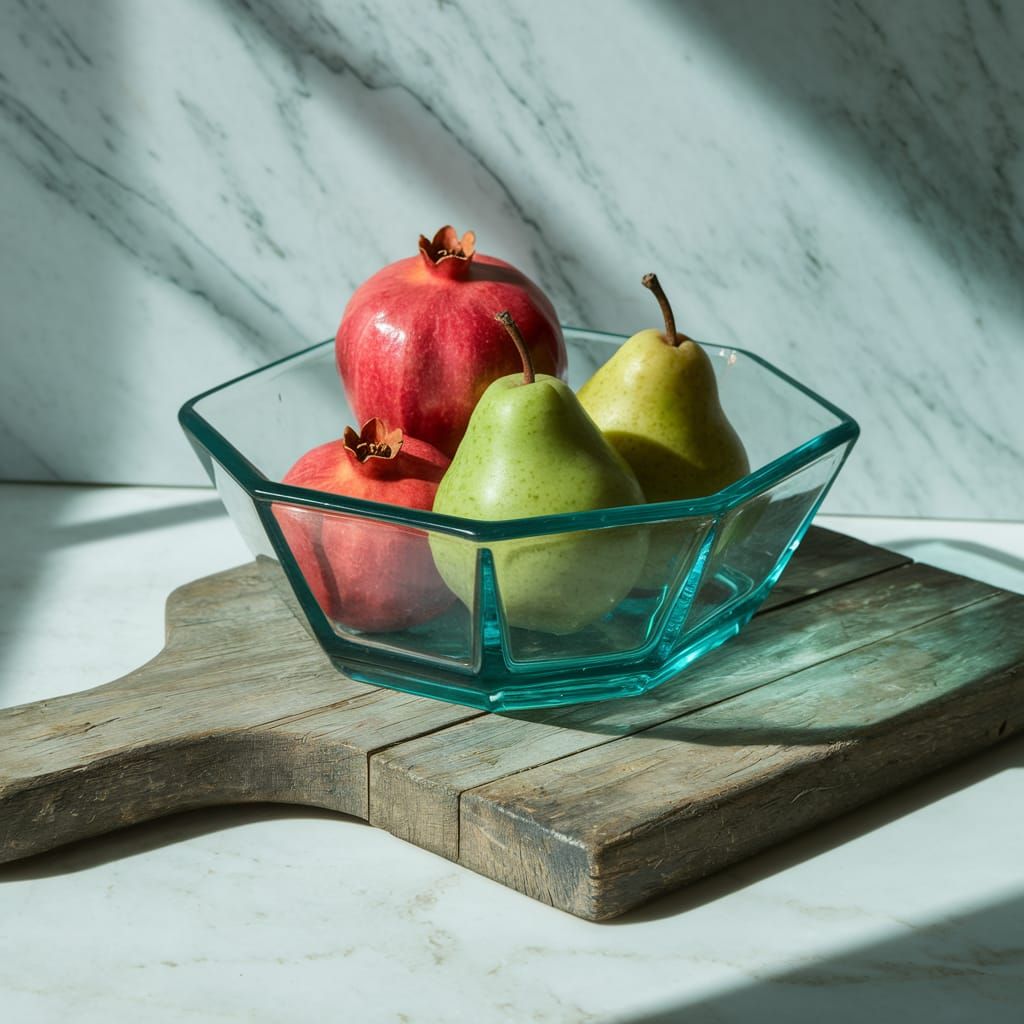 Still Life with Vibrant Fruits in a Hexagonal Glass Bowl