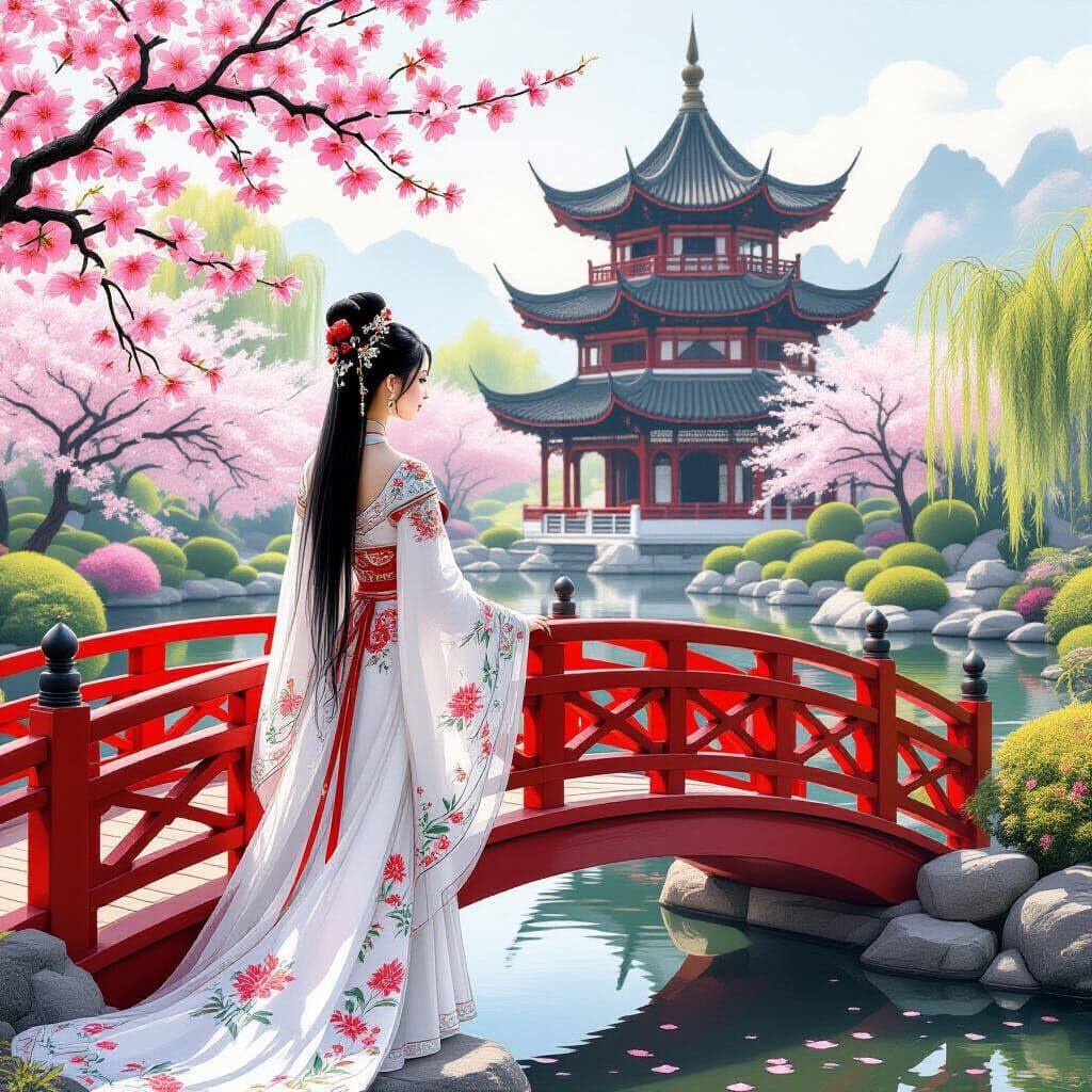 Elegant Chinese Woman in Ornate Dress on Arch Bridge