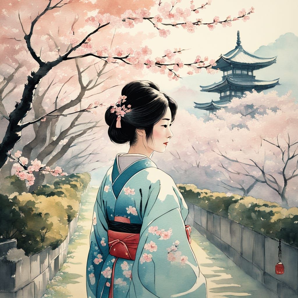 Woman in Kimono: Yamato-e Painting in Japanese Garden