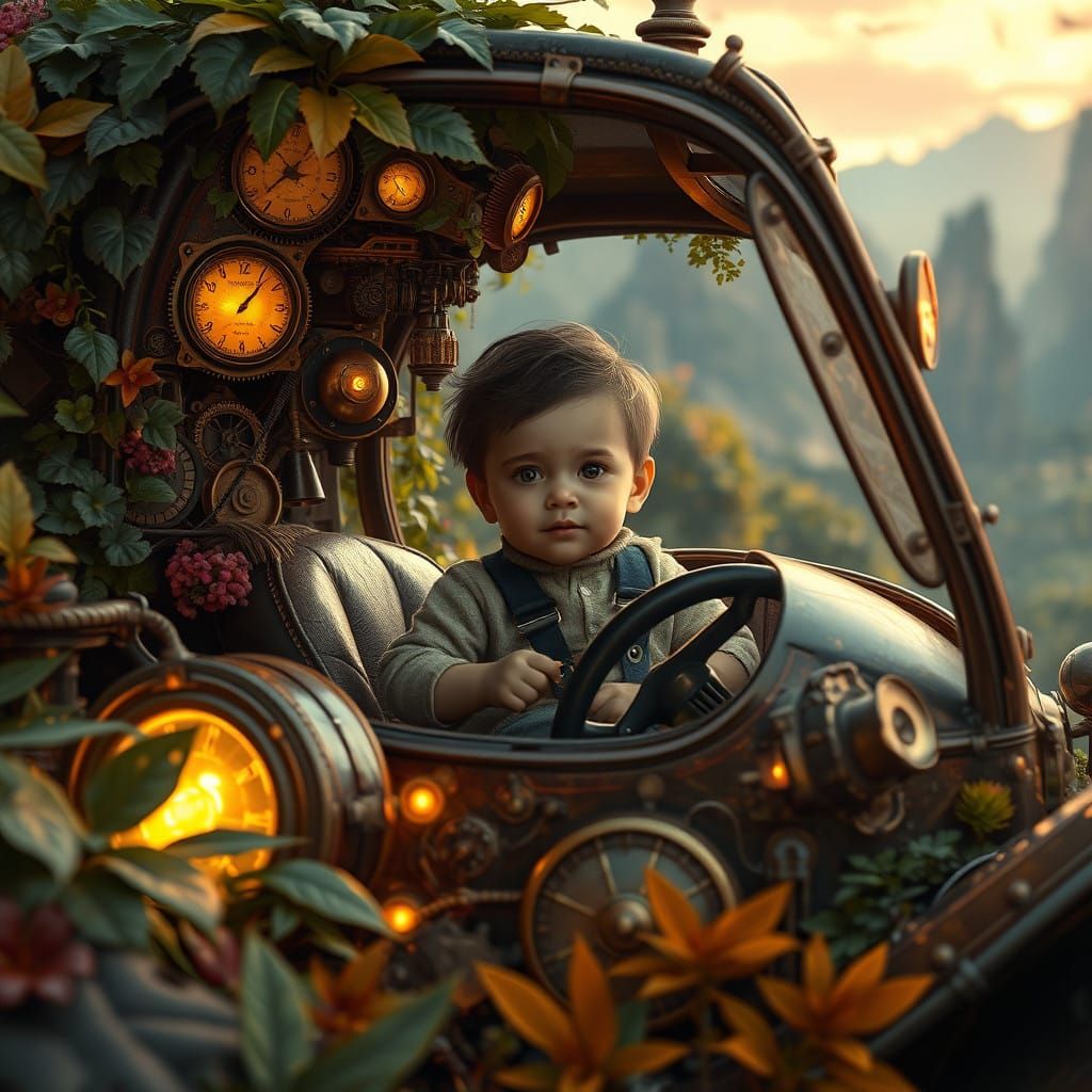 Steampunk Child in Vintage Car Amidst Whimsical Landscape