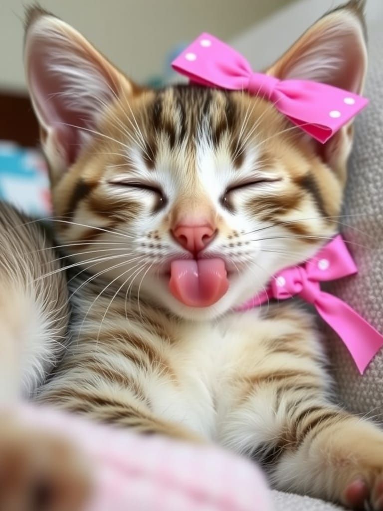 Sleeping Kitten with Pink Bow and Tongue